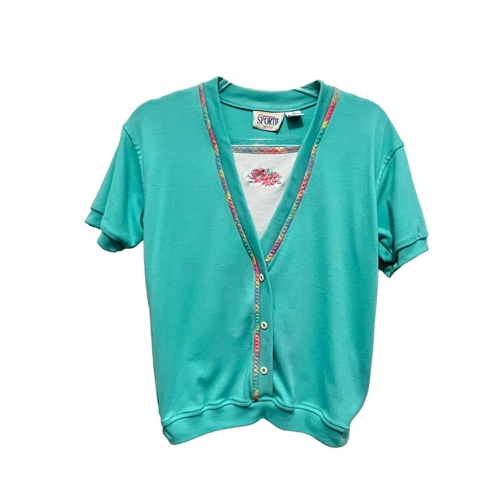 Granny Chic Golf Shirt Top Women's Petite M Floral Embroidery Green Flawed